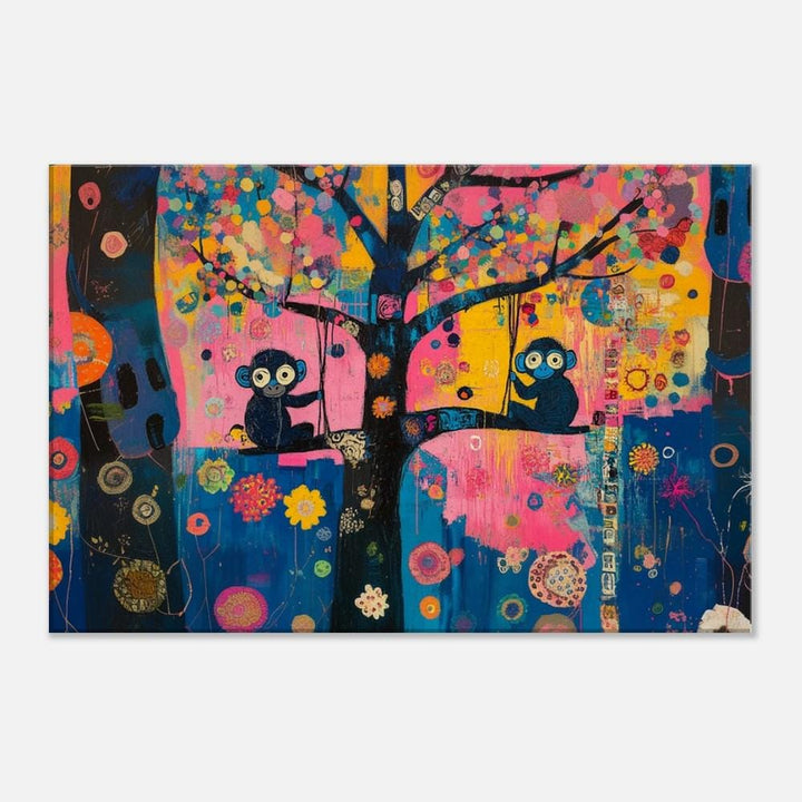 Playful monkeys depicted in vibrant colors, showcasing unique style as african american wall art for lively decor.