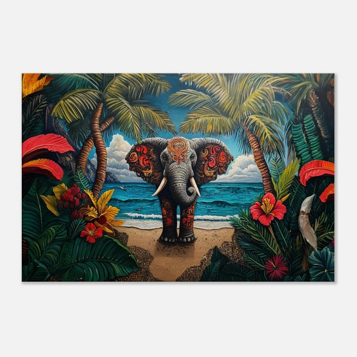 Tropical Elephant canvas art showcasing vibrant colors, perfect as African American wall art for a unique decor touch.