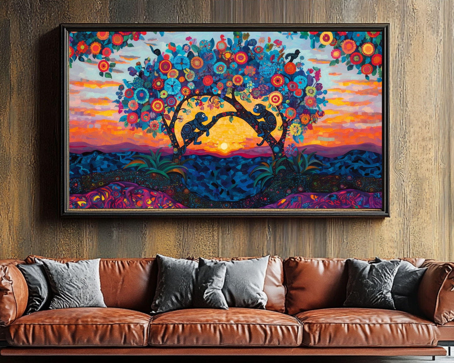 Sunset Monkeys Canvas Art - Vibrant Nature Wall Decor for Living Room or Kids' Room