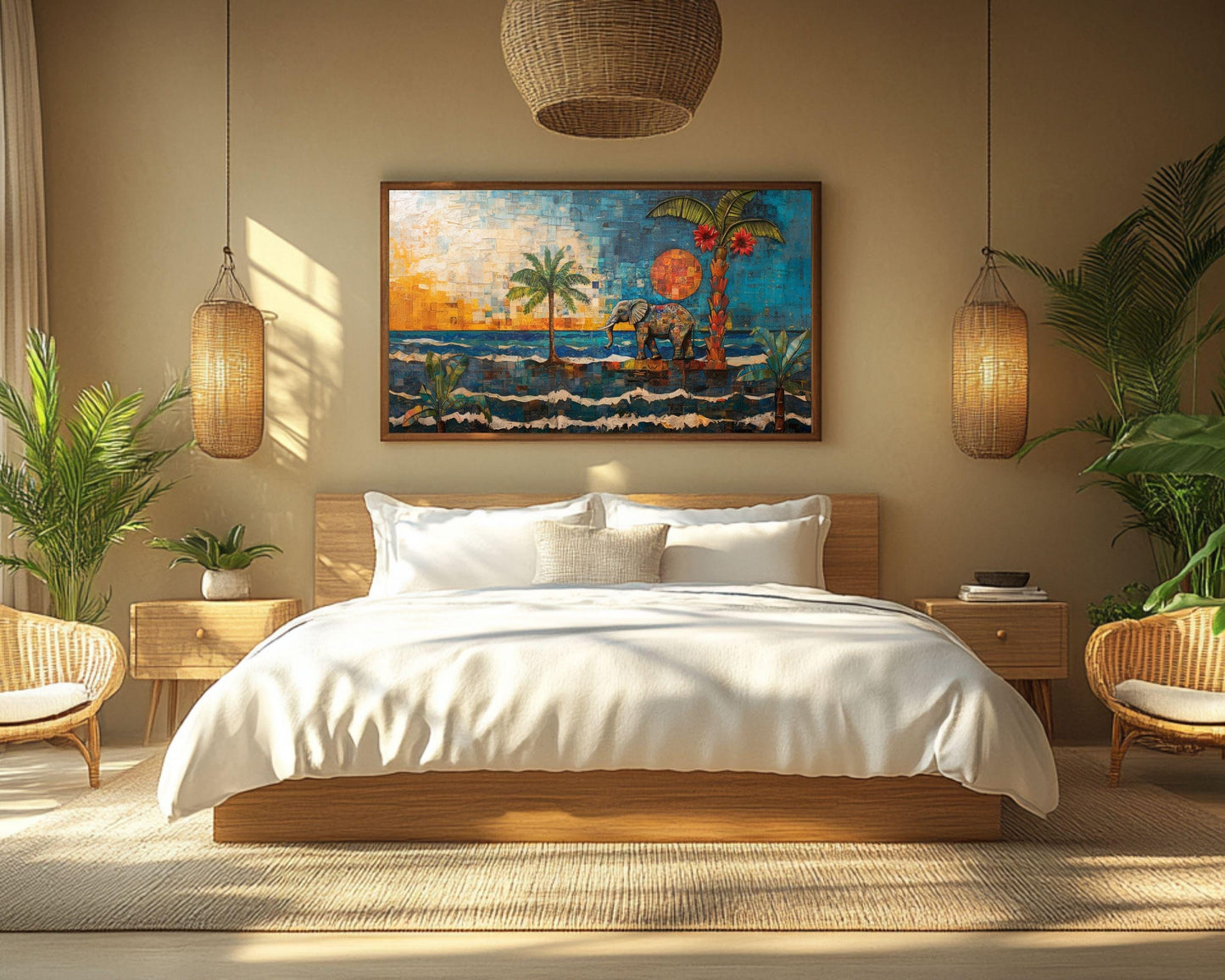 Tropical Beach Elephant Canvas Art - Vibrant Coastal Wall Decor for Living Room