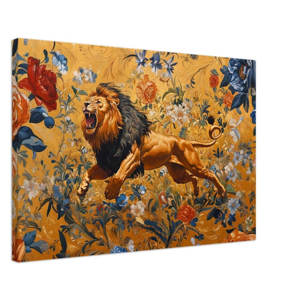 Majestic Lion Canvas Print - Regal Floral Wall Art - Living Room or Office Décor