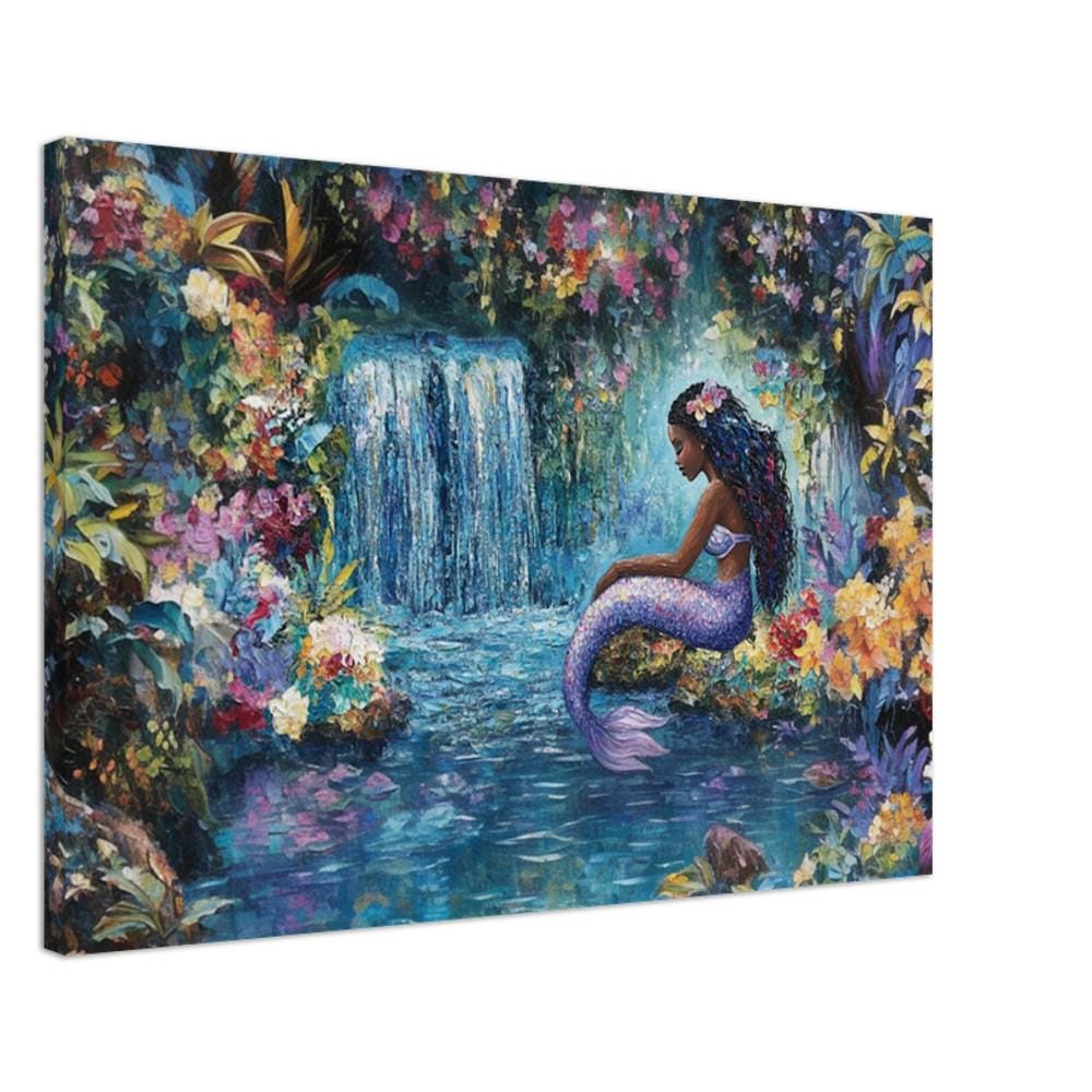 Black Mermaid Waterfall African American Wall Art Canvas