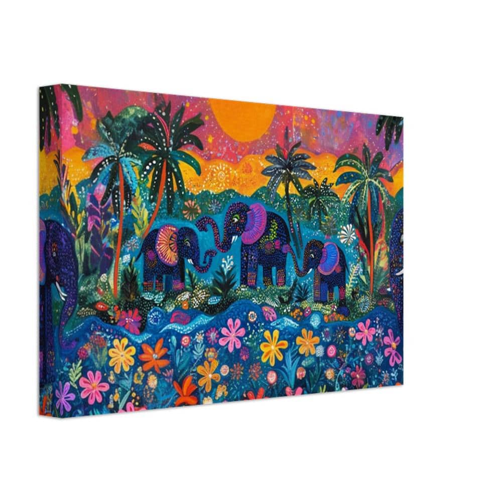 Haitian Elephant Family canvas art, vibrant African American wall art depicting a playful elephant family in bold colors.