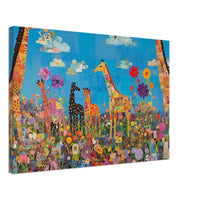Giraffe family depicted in vibrant colors, a beautiful piece of African American wall art on canvas.