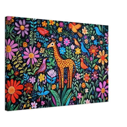 Haitian-Inspired Giraffe in Floral Paradise | Vibrant Canvas Art