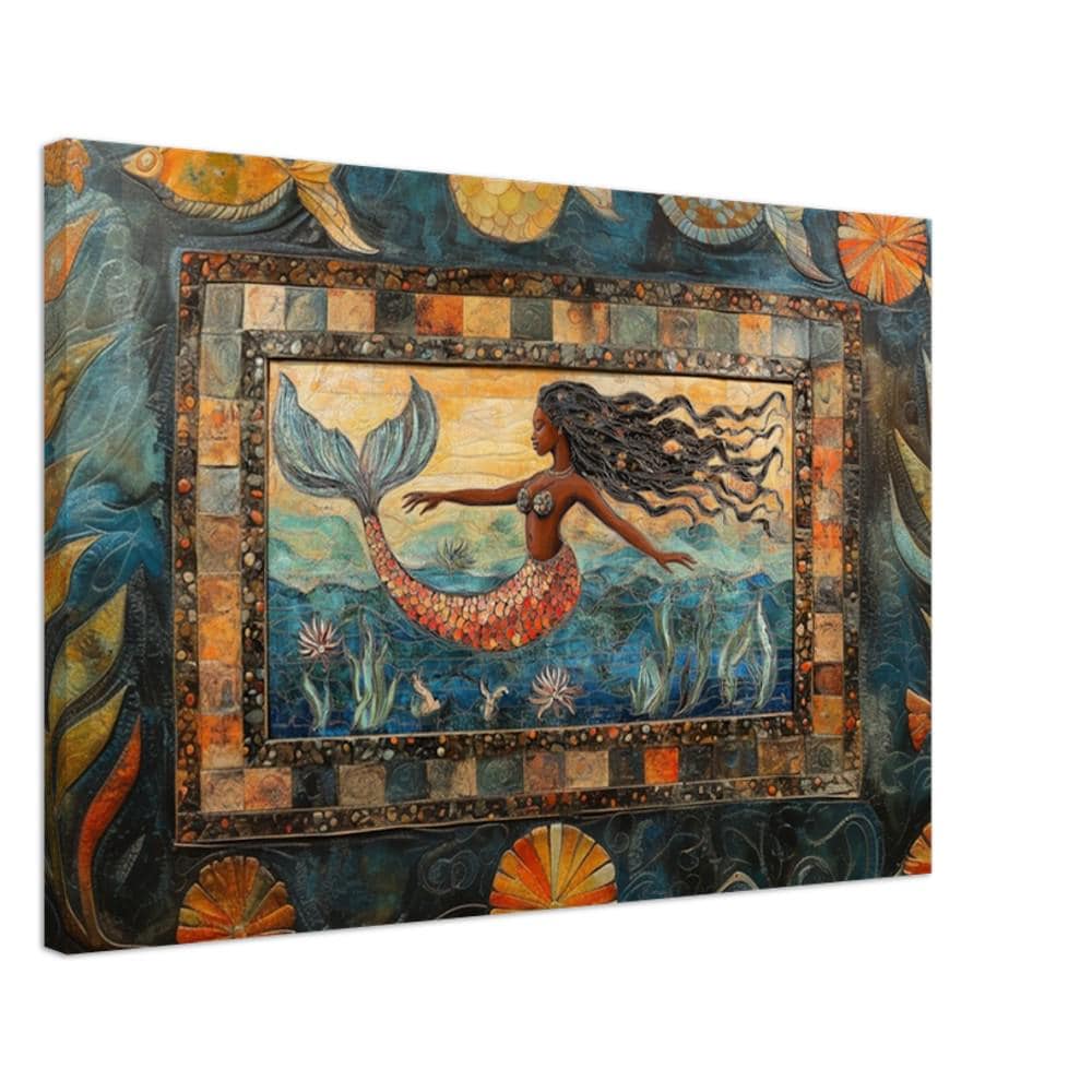 Ocean mermaid black art canvas showcasing vibrant colors, perfect as stunning African American wall art.