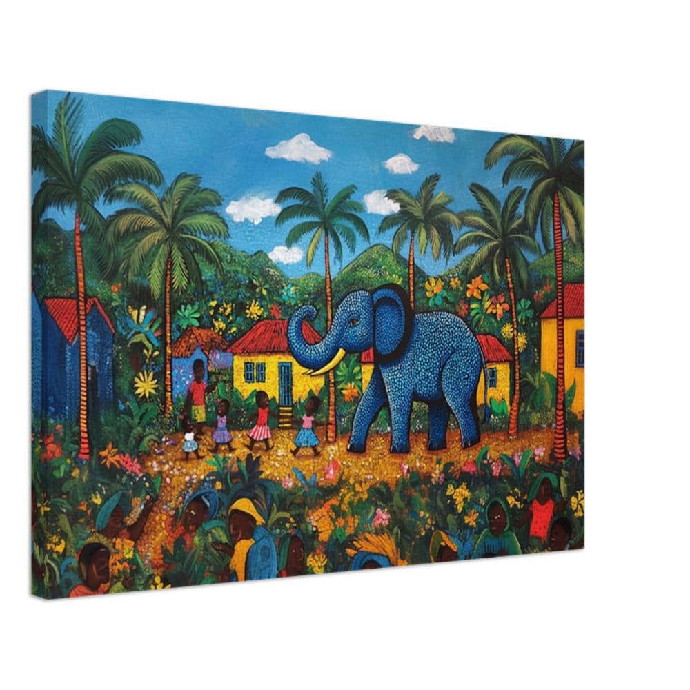 Haitian Folk Art Canvas – Blue Elephant in Vibrant Village Scene