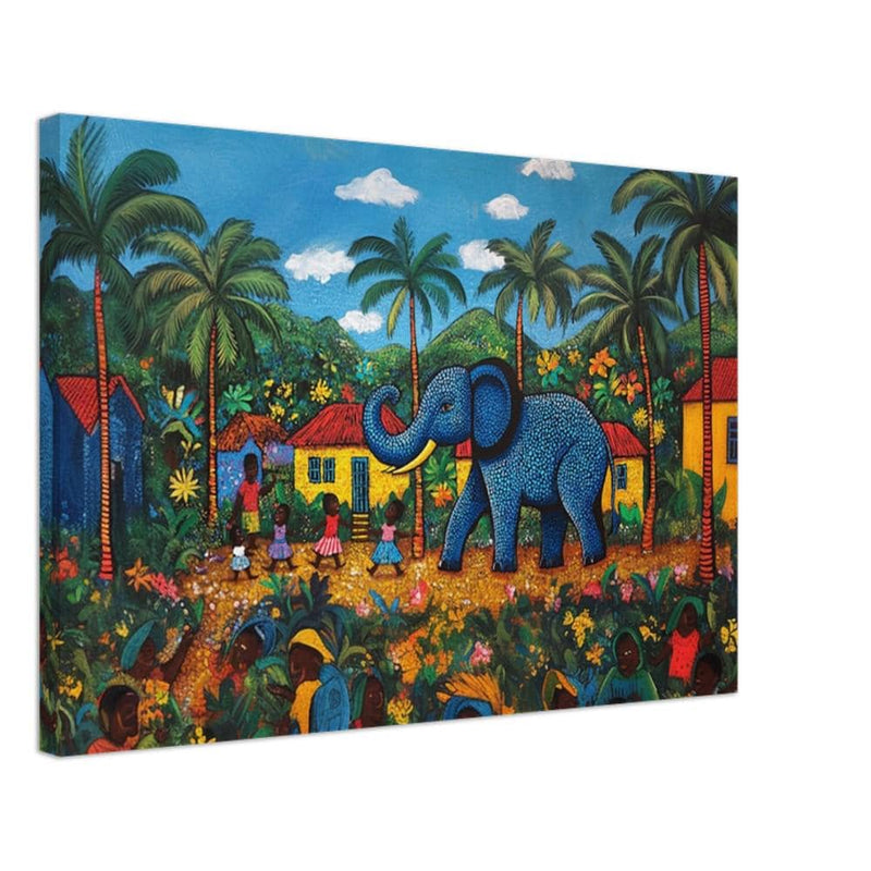 Blue Elephant Haitian Folk Art Black Wall Art Canvas Print