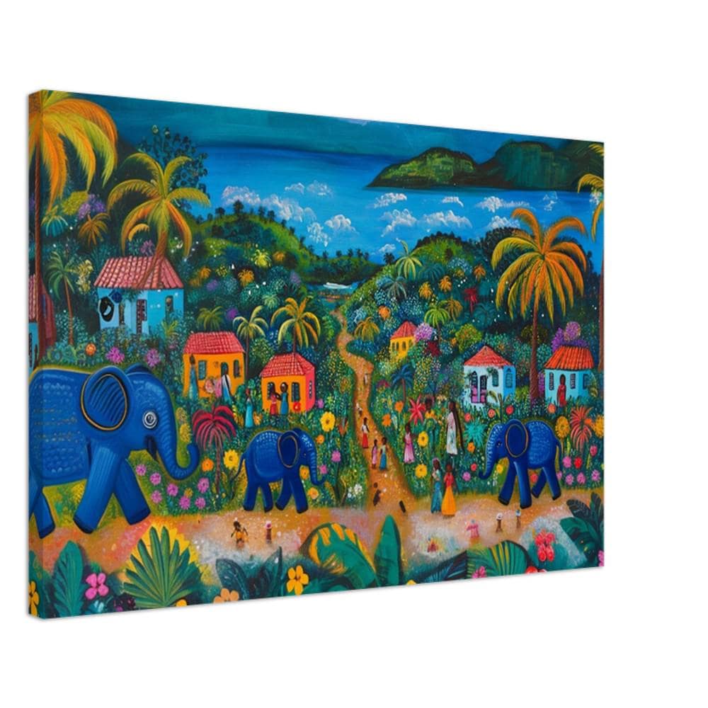 Haitian Folk Art Canvas – Vibrant Blue Elephants Village Scene