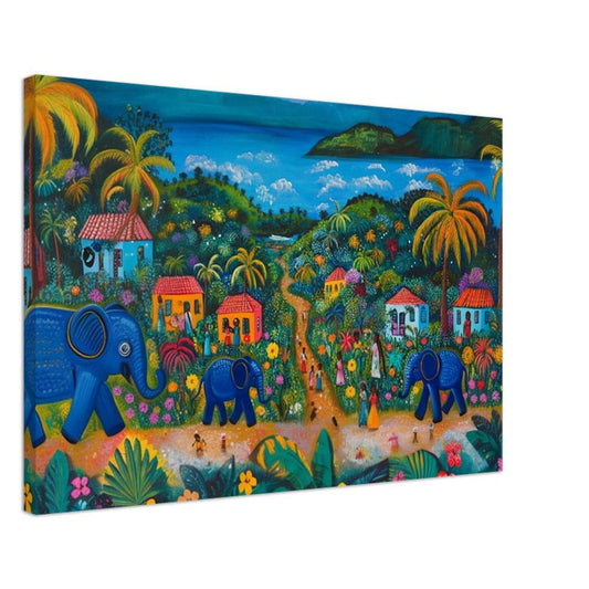 Haitian Folk Art Canvas – Vibrant Blue Elephants Village Scene