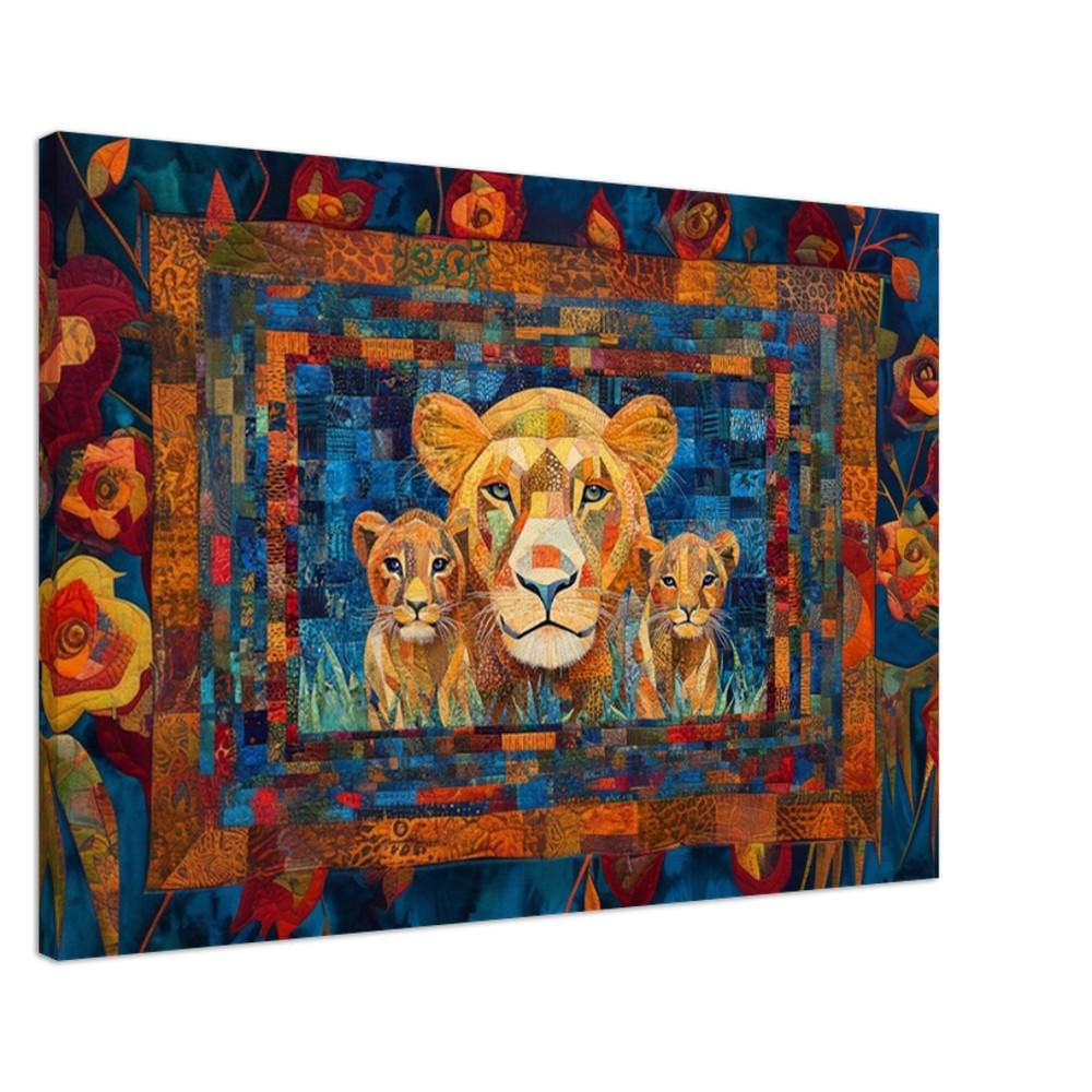 Majestic lion family in vibrant colors, celebrating strength and unity, perfect as African American wall art.