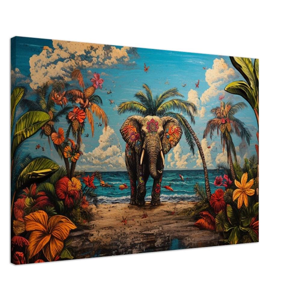 Tropical Elephant Black Caribbean wall art canvas print by MoomZee Artwork