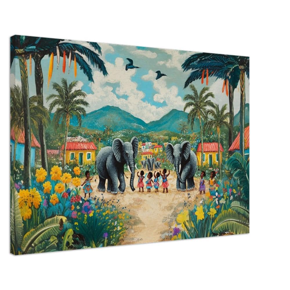 Haitian Folk Art with Elephants - Vibrant Caribbean Wall Decor