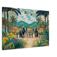 Village Celebration Elephant canvas art, vibrant depiction of an elephant in a colorful scene, perfect for african american wall art.