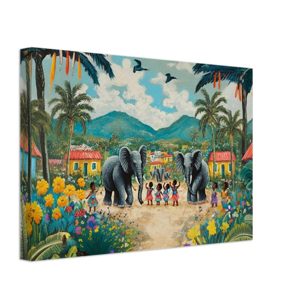 Haitian Folk Art with Elephants - Vibrant Caribbean Wall Decor