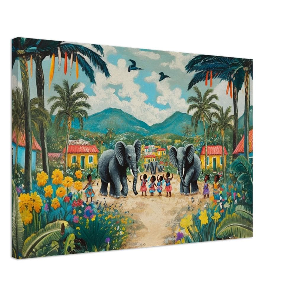 Haitian Folk Art with Elephants - Vibrant Caribbean Wall Decor