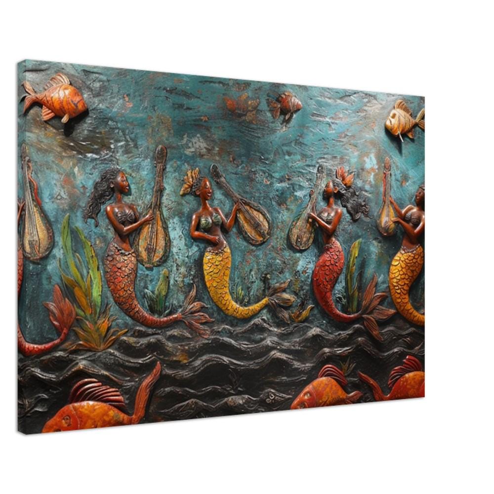 Haitian mermaid canvas print featuring vibrant colors, celebrating beauty in African American wall art style.