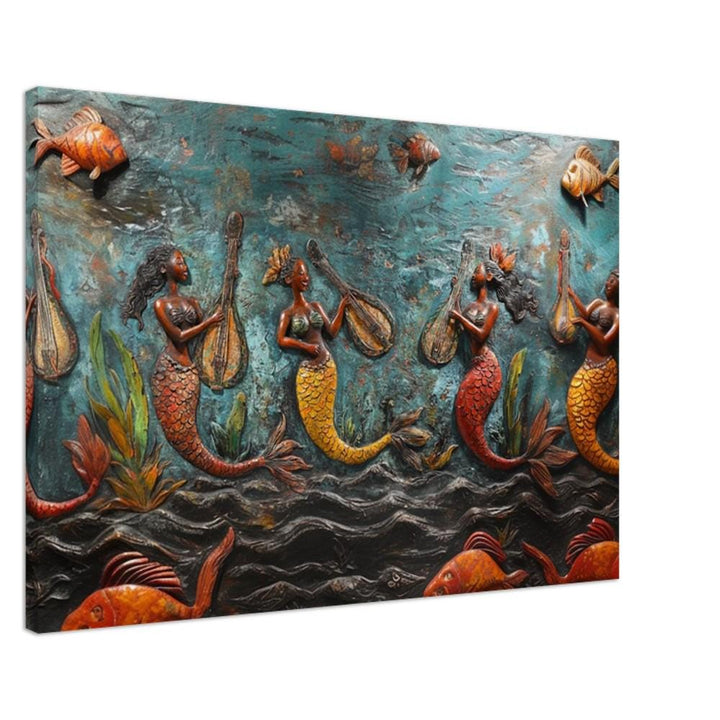 Haitian mermaid canvas print featuring vibrant colors, celebrating beauty in African American wall art style.