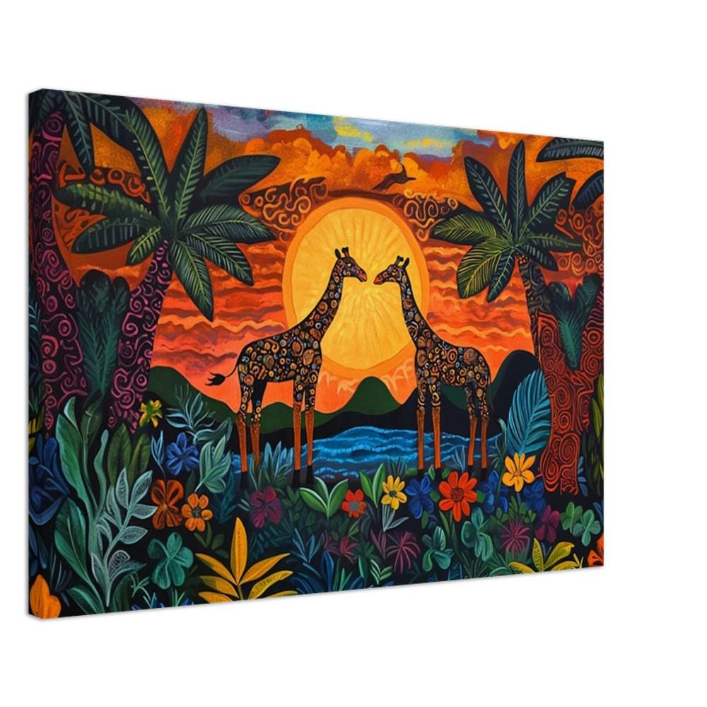 Haitian Giraffes Canvas Print | Vibrant Sunset Wall Art | Wildlife Decor