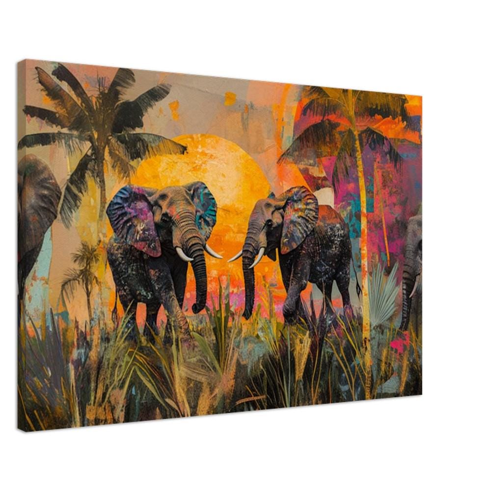 Black elephants silhouetted against a tropical sunset, featuring vibrant colors in this African American wall art canvas.
