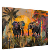 Black elephants silhouetted against a tropical sunset, featuring vibrant colors in this African American wall art canvas.