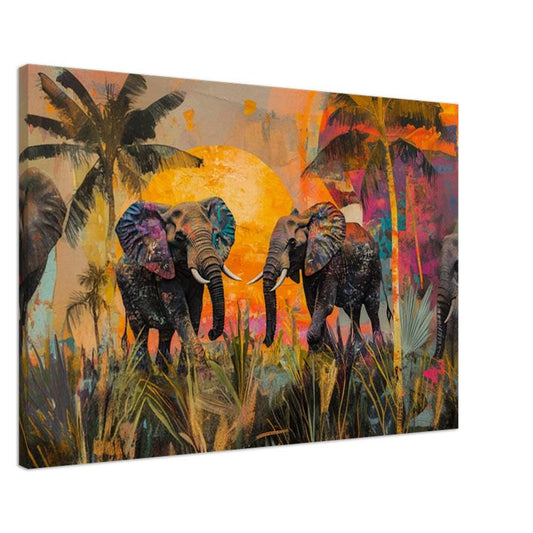 Elephants Canvas Print | Vibrant Safari Sunset Art | Tropical Wildlife Decor