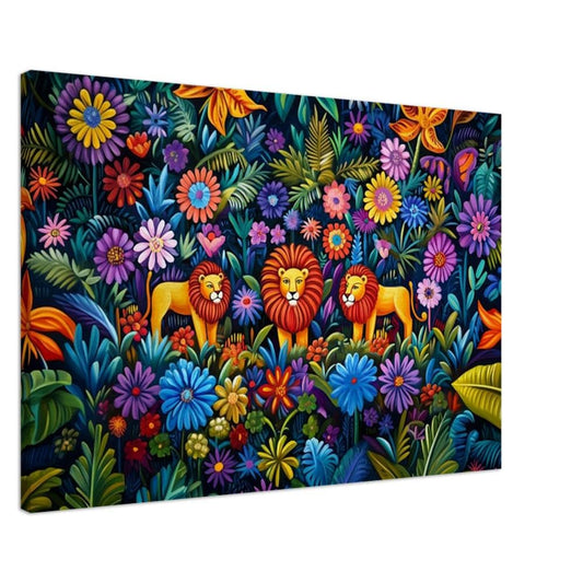 Haitian Folk Art Lions Canvas Print | Vibrant Jungle Wall Art | Wildlife Decor