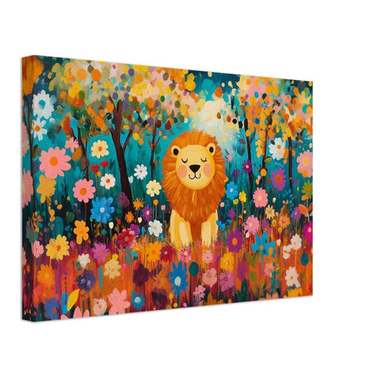 Cheerful Lion Canvas Print | Vibrant Floral Wall Art | Kids Room Safari Decor