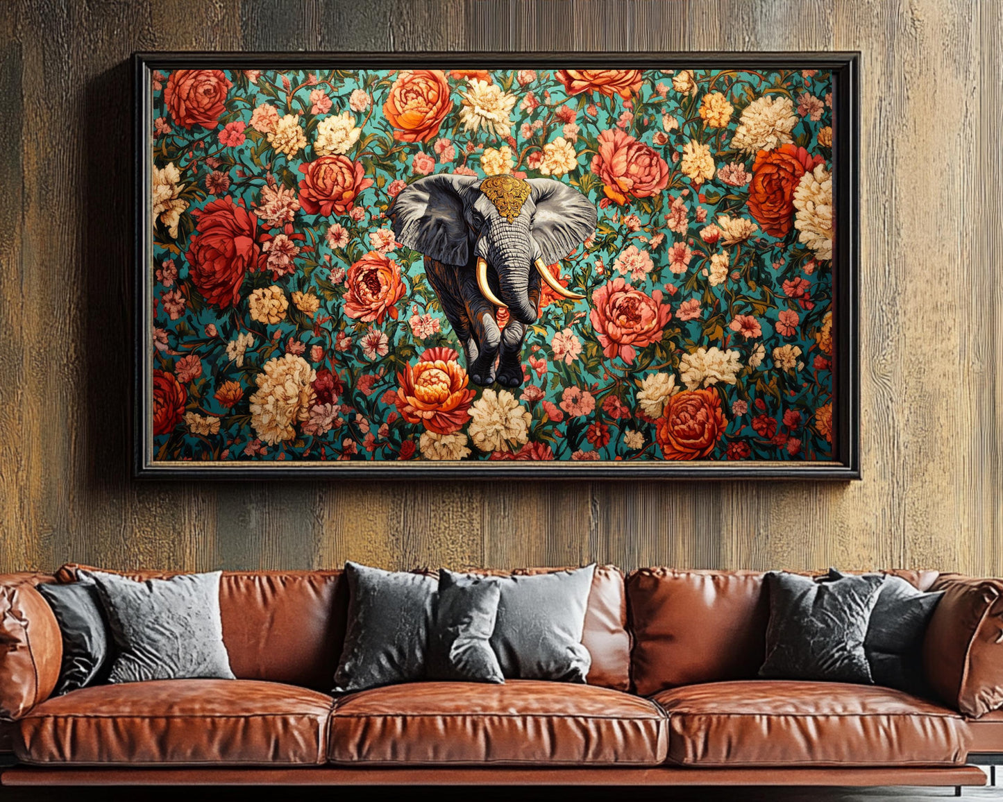 Regal Elephant Canvas Print | Cultural African Wildlife Wall Art | Vibrant Floral Decor