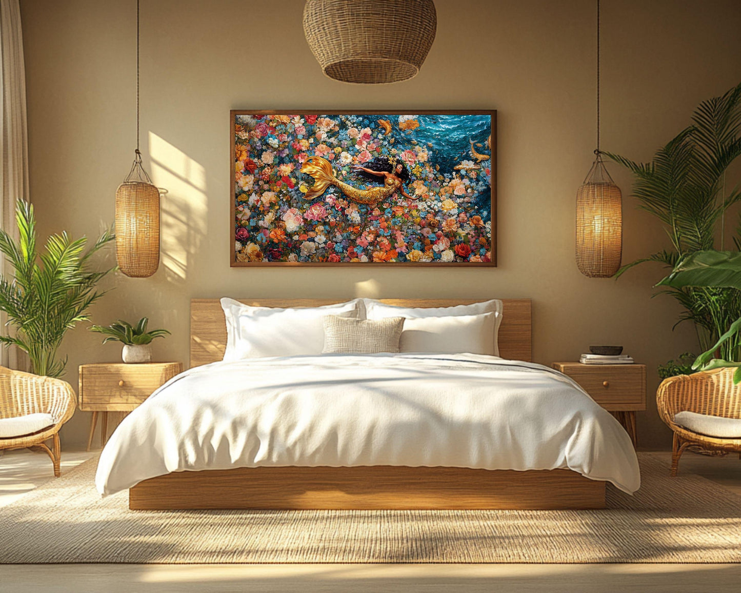 Regal Mermaid Canvas Print | Vibrant Floral Wall Art | Afrocentric Home Decor