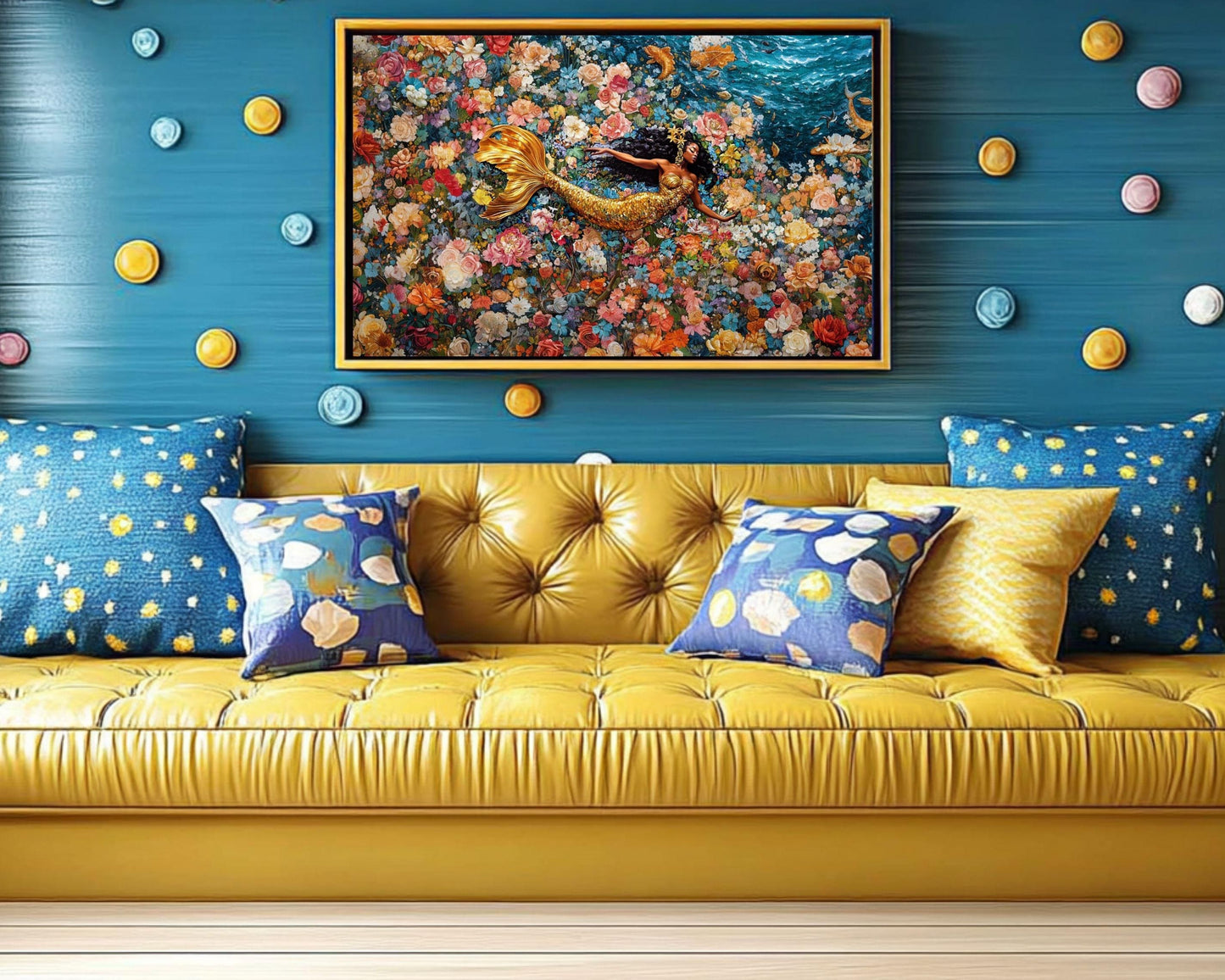 Regal Mermaid Canvas Print | Vibrant Floral Wall Art | Afrocentric Home Decor