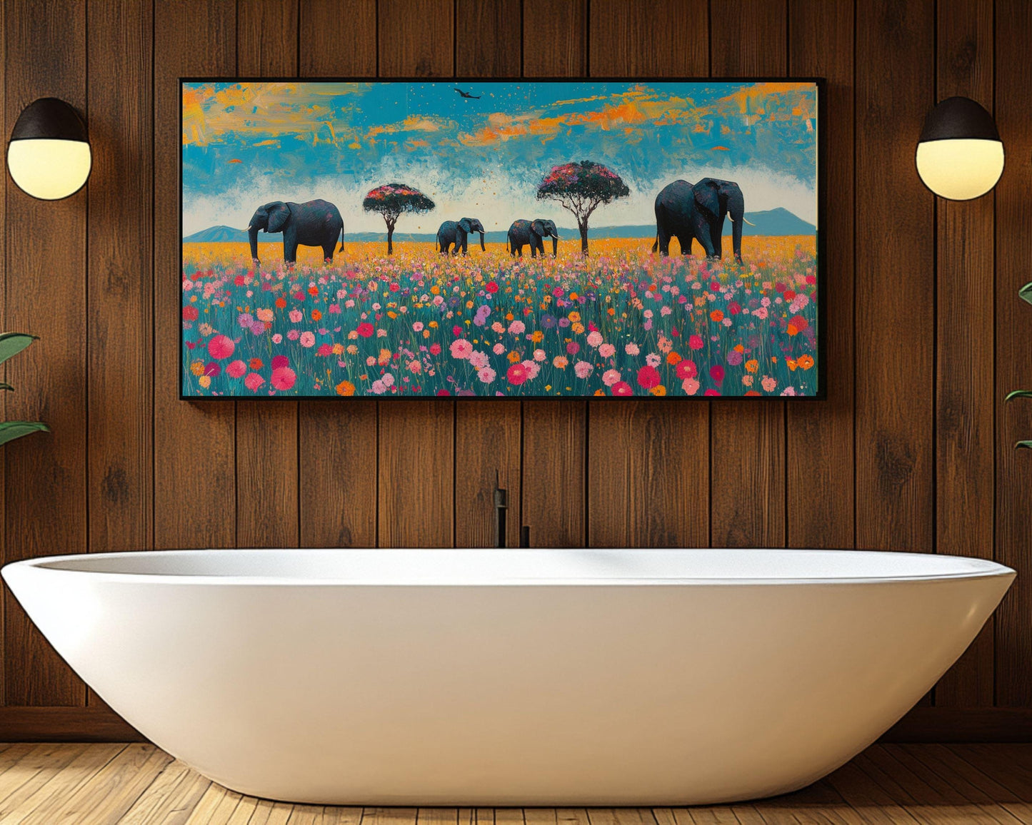 Elephants Canvas Print | African Safari Wall Art | Vibrant Wildlife Decor