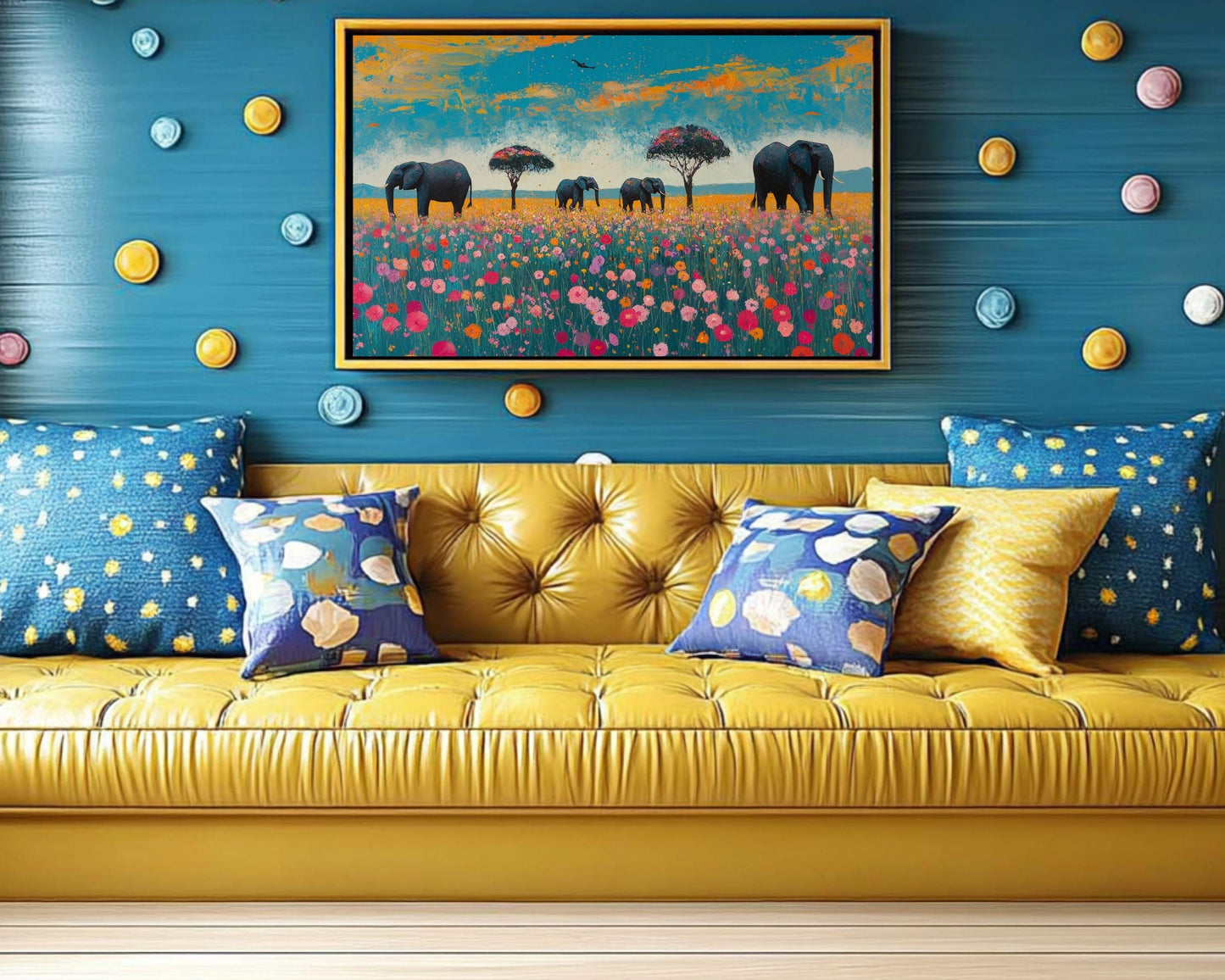 Elephants Canvas Print | African Safari Wall Art | Vibrant Wildlife Decor