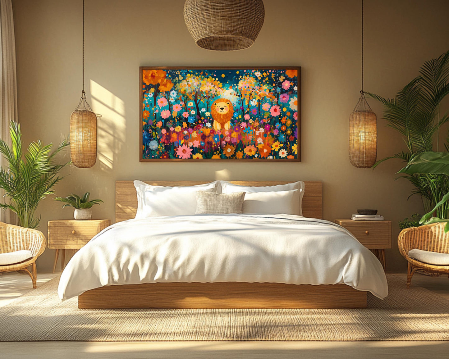 Cheerful Lion Canvas Print | Vibrant Floral Wall Art | Kids Room Safari Decor