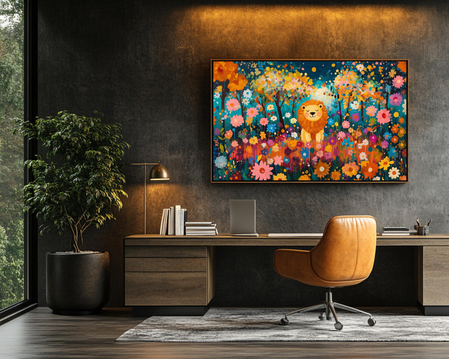 Cheerful Lion Canvas Print | Vibrant Floral Wall Art | Kids Room Safari Decor