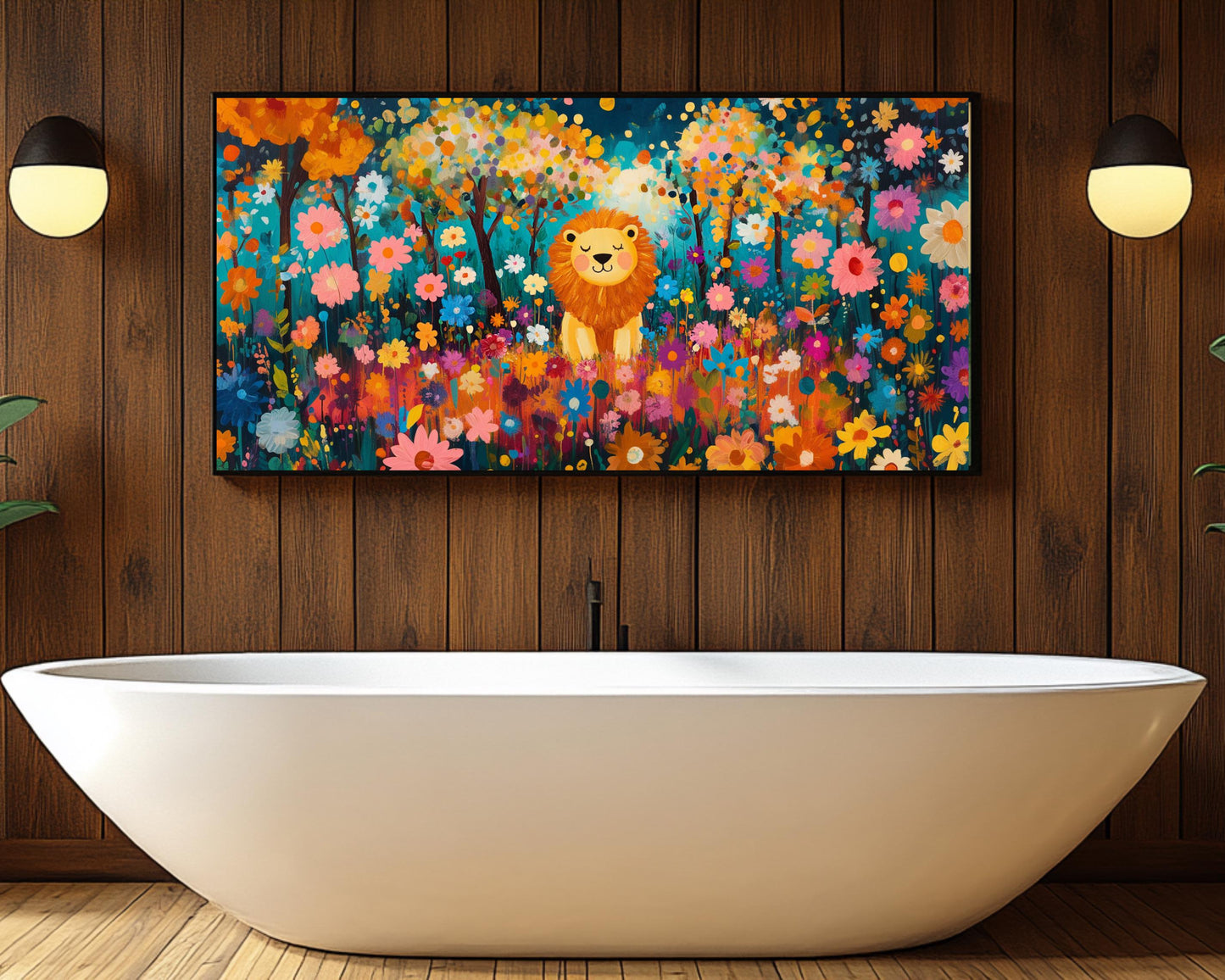 Cheerful Lion Canvas Print | Vibrant Floral Wall Art | Kids Room Safari Decor