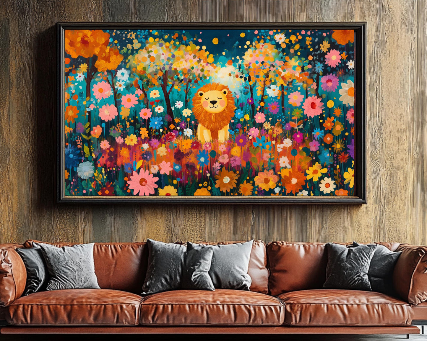 Cheerful Lion Canvas Print | Vibrant Floral Wall Art | Kids Room Safari Decor