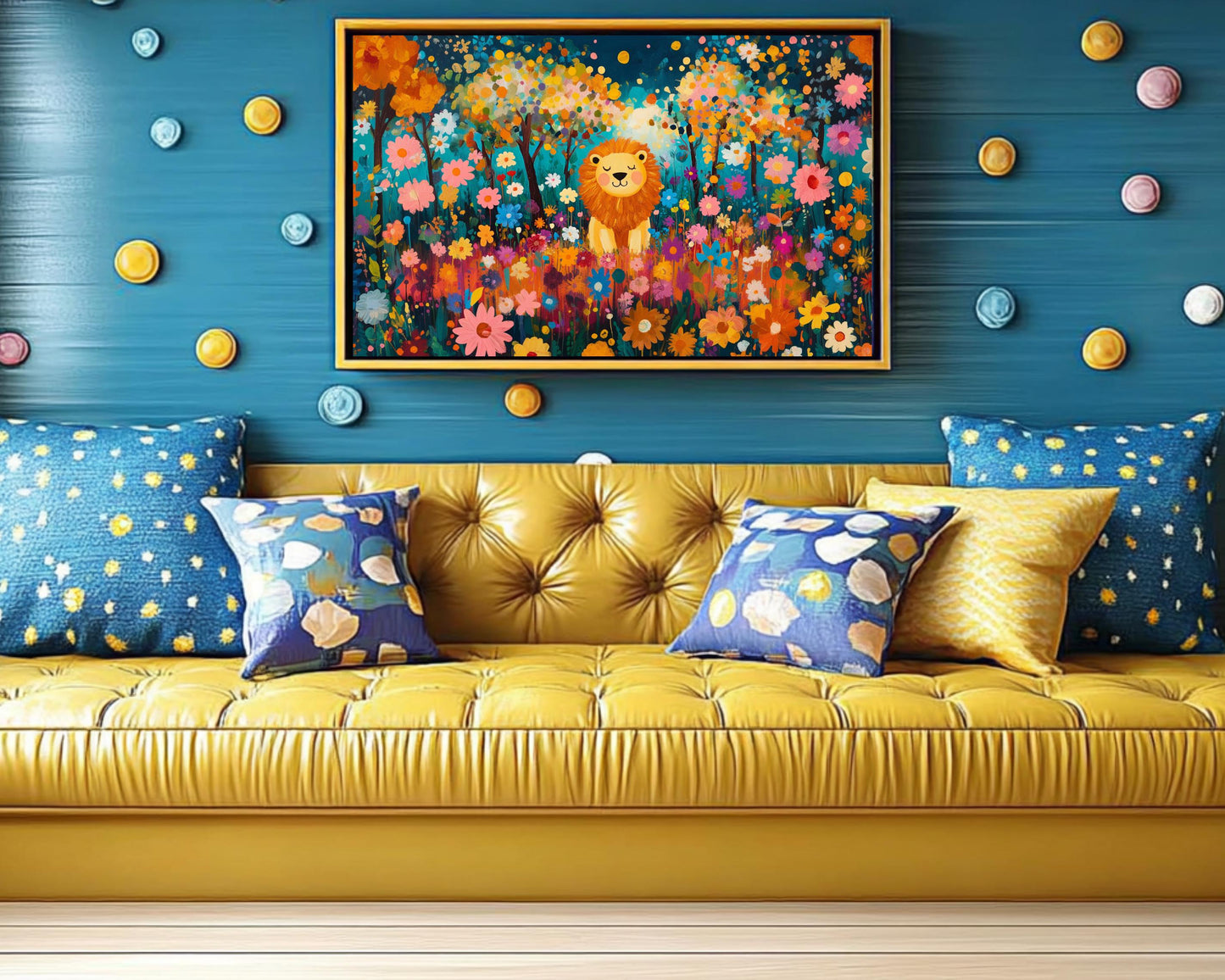 Cheerful Lion Canvas Print | Vibrant Floral Wall Art | Kids Room Safari Decor