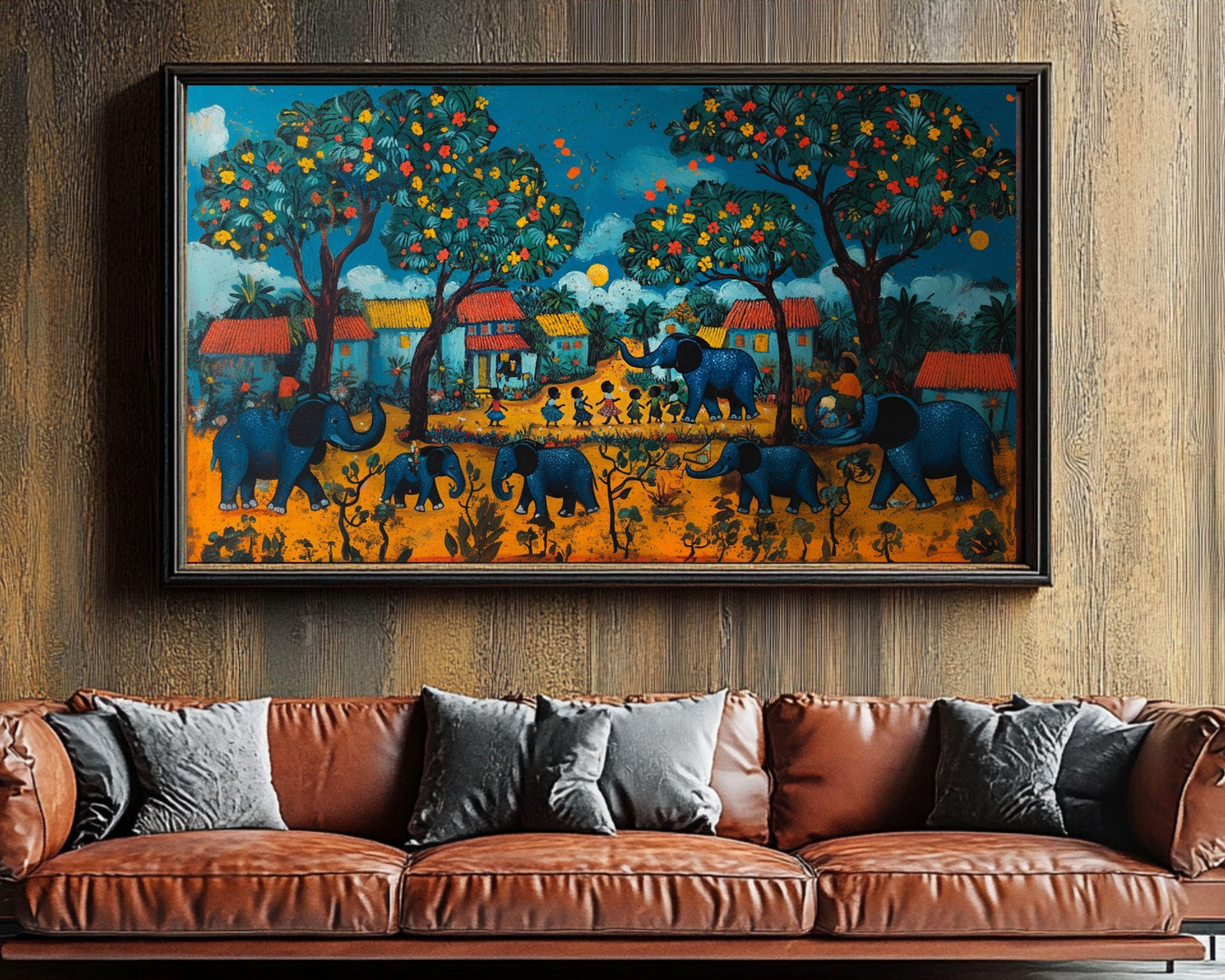 Haitian Folk Art Canvas Print | Village Elephants Wall Decor | Vibrant Cultural Art