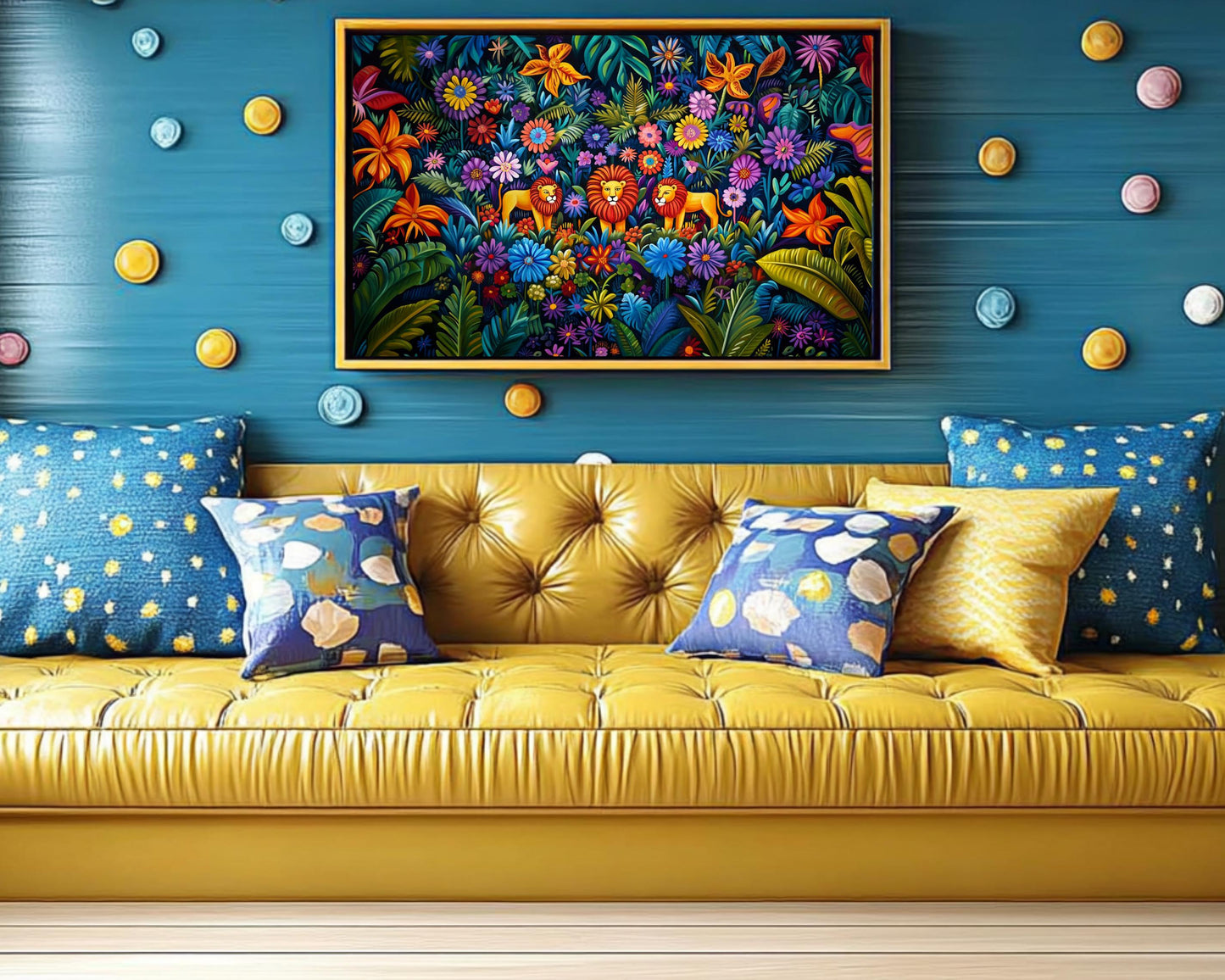 Haitian Folk Art Lions Canvas Print | Vibrant Jungle Wall Art | Wildlife Decor