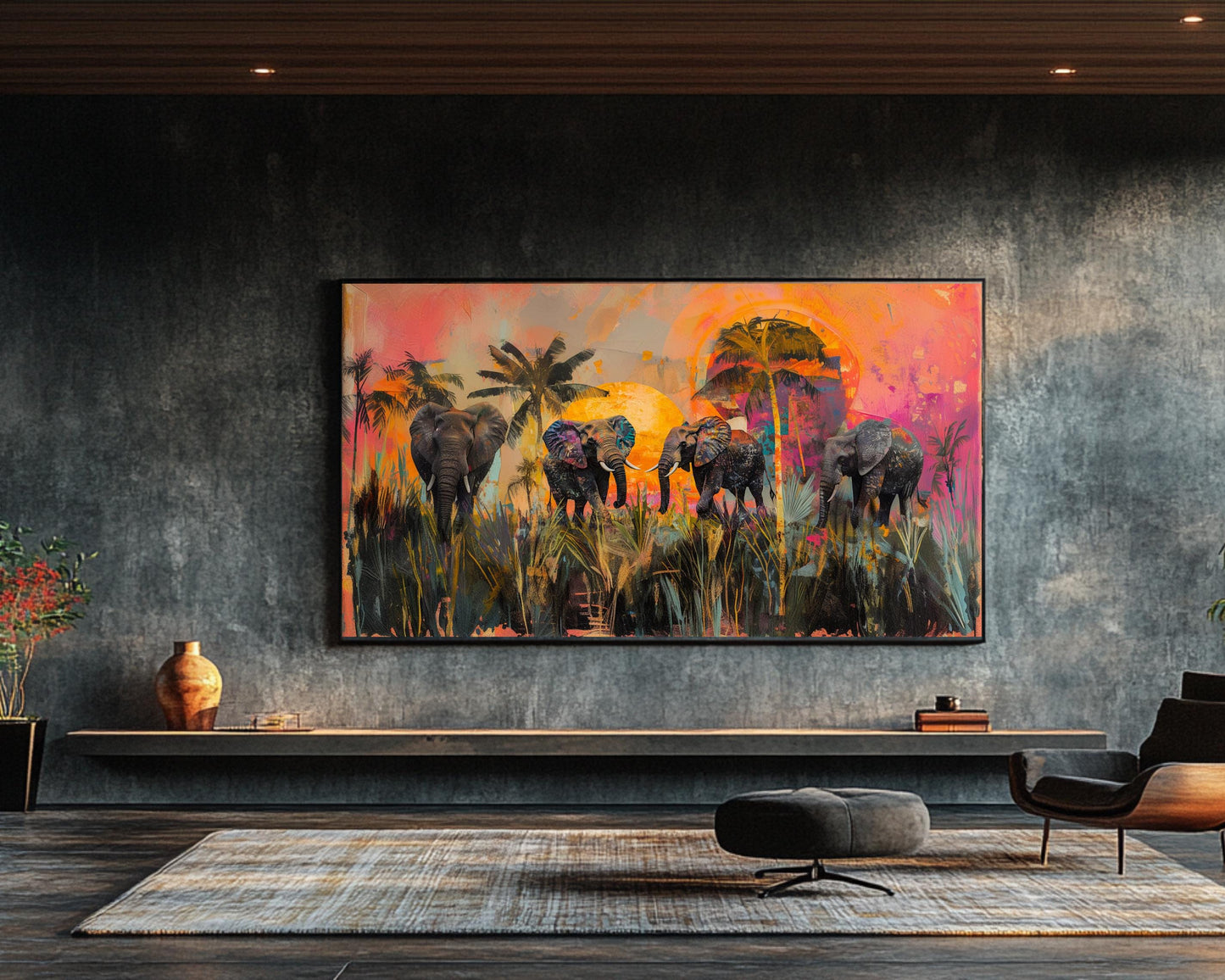 Elephants Canvas Print | Vibrant Safari Sunset Art | Tropical Wildlife Decor