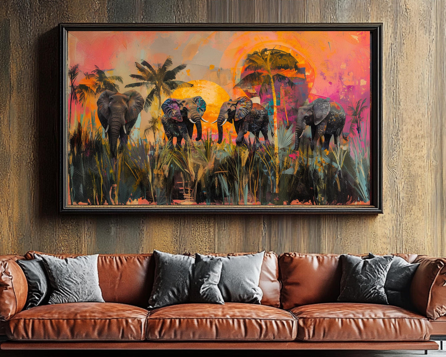 Elephants Canvas Print | Vibrant Safari Sunset Art | Tropical Wildlife Decor