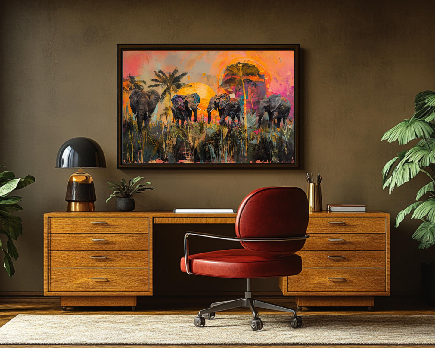 Elephants Canvas Print | Vibrant Safari Sunset Art | Tropical Wildlife Decor