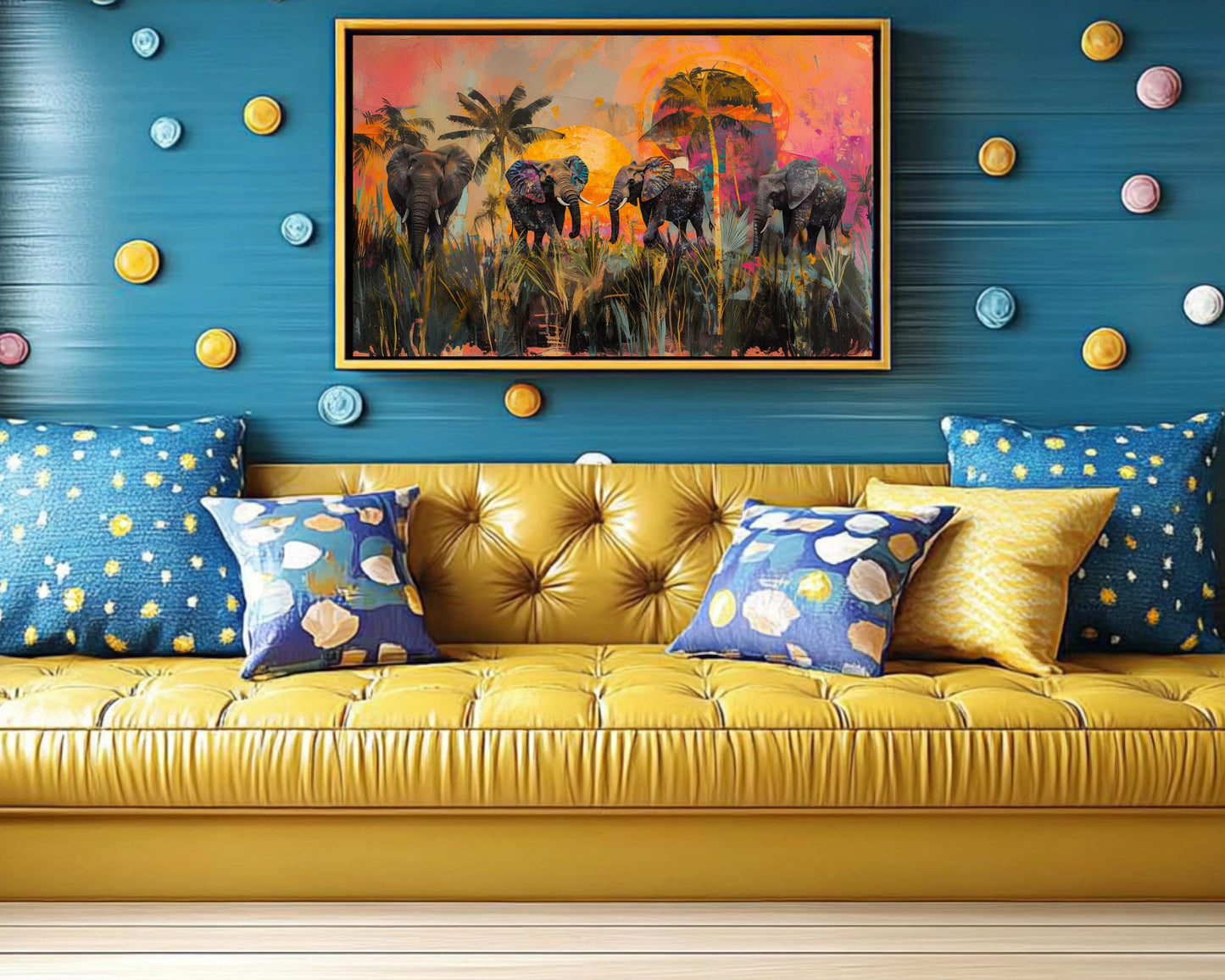 Elephants Canvas Print | Vibrant Safari Sunset Art | Tropical Wildlife Decor