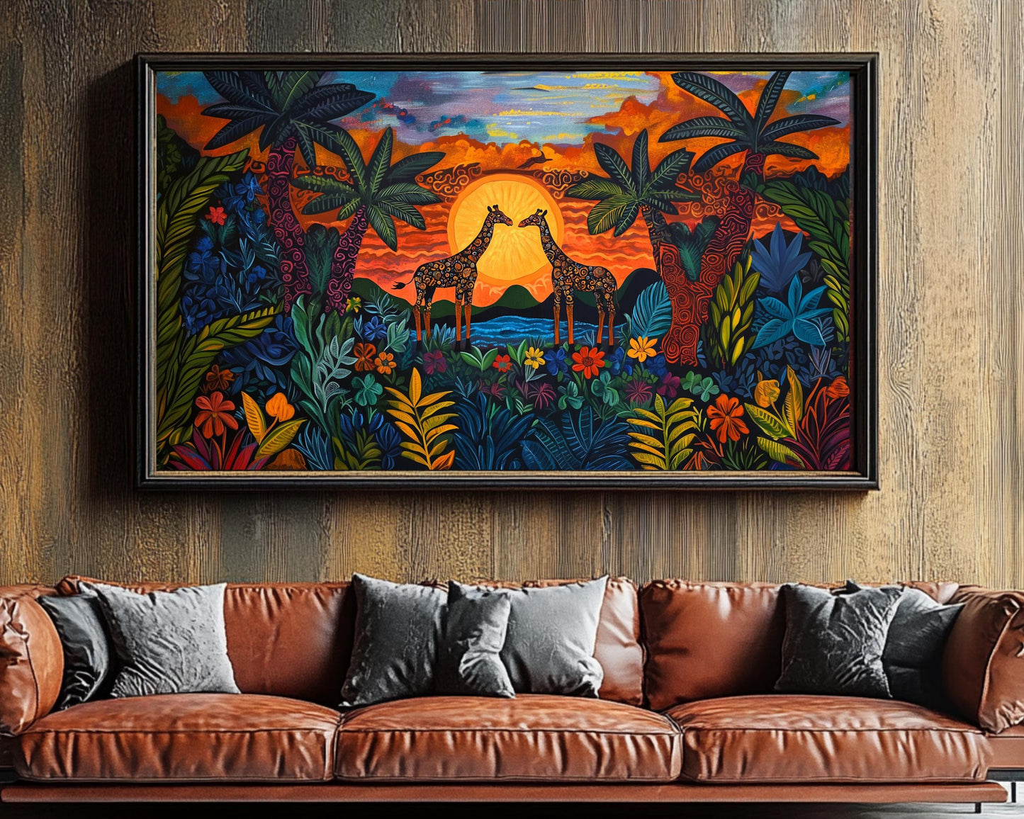 Haitian Giraffes Canvas Print | Vibrant Sunset Wall Art | Wildlife Decor