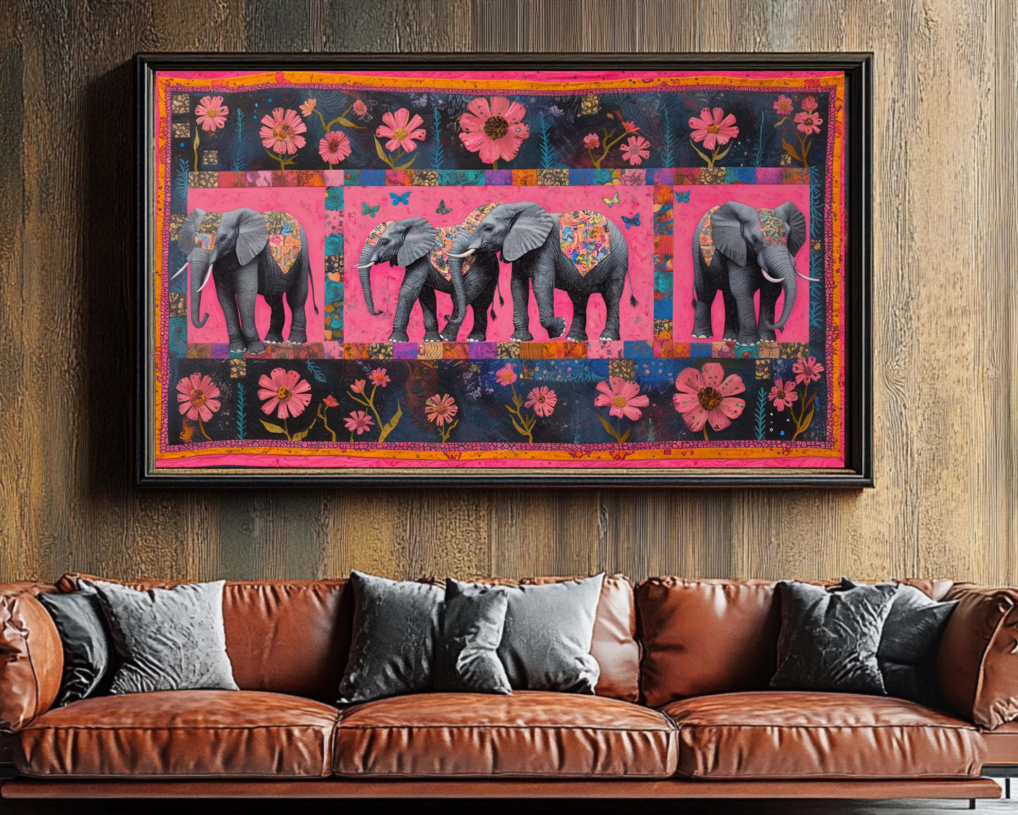 Elephants Canvas Print | Faith Ringgold-Inspired Art | Vibrant Pink Wildlife Decor