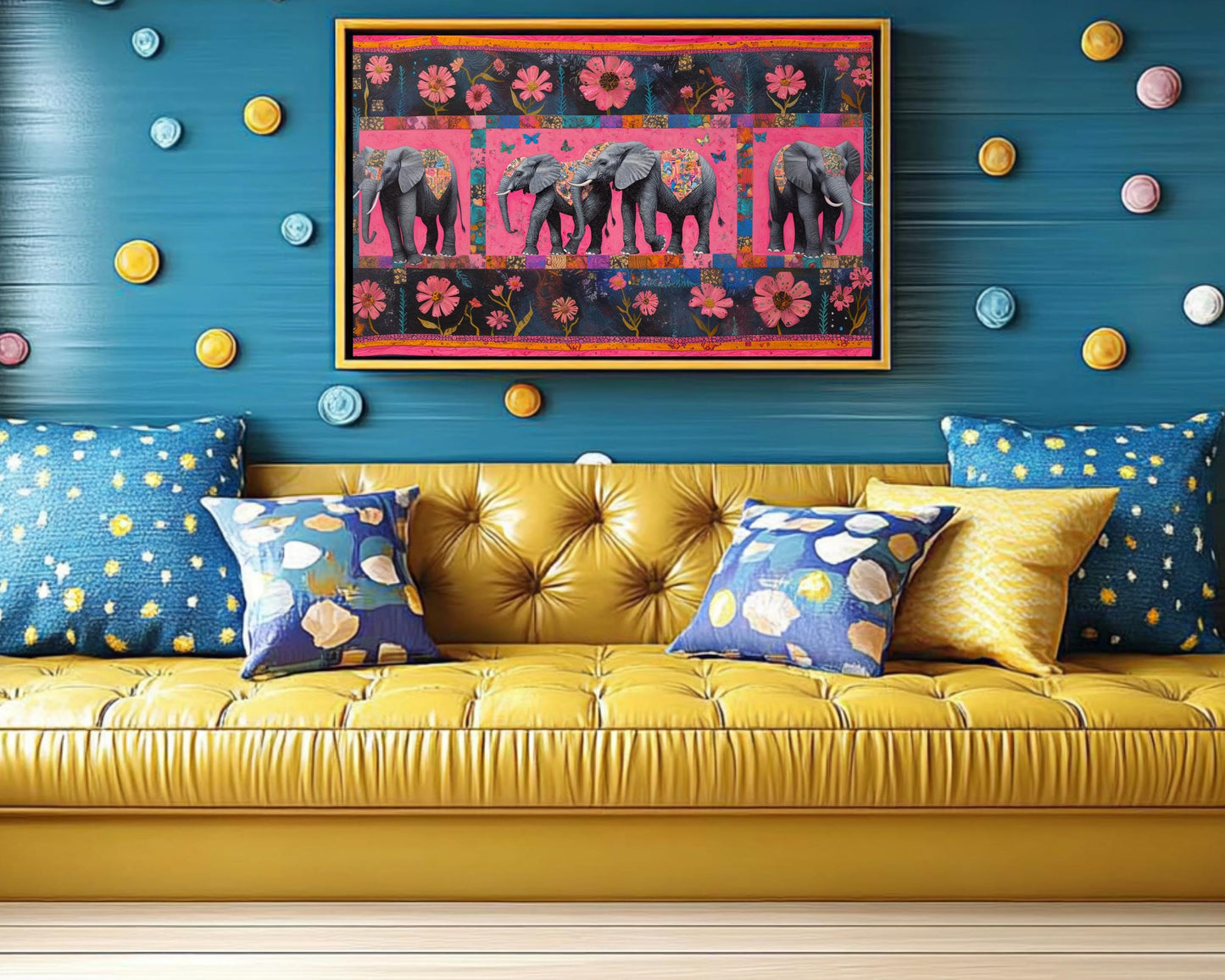 Elephants Canvas Print | Faith Ringgold-Inspired Art | Vibrant Pink Wildlife Decor