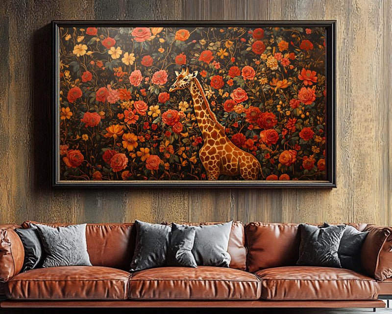 Regal Giraffe Black Wall Art Afrocentric Floral Canvas Print