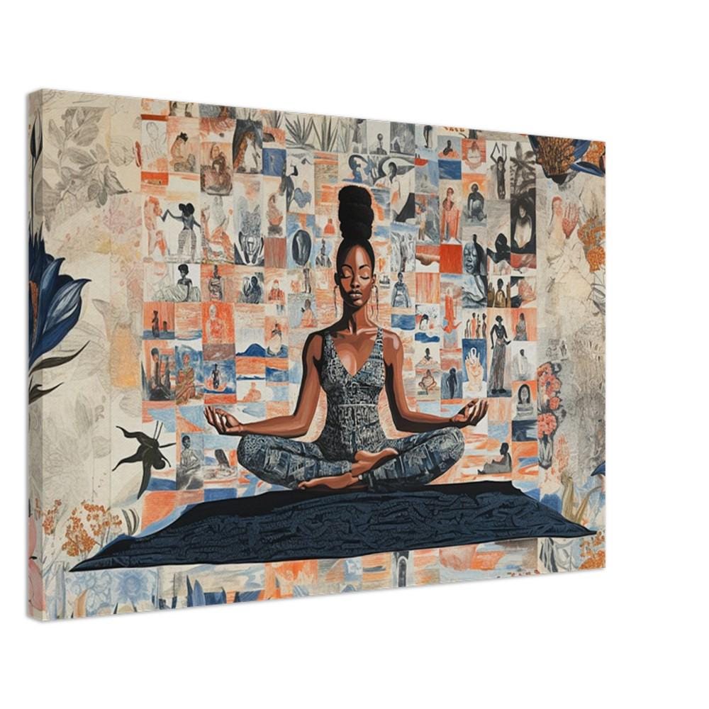 Meditative Black woman surrounded by flowers, vibrant canvas art representing African American wall art.