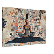 Meditative Black woman surrounded by flowers, vibrant canvas art representing African American wall art.